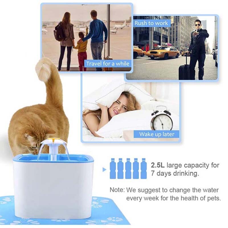 Pet  Water Fountain Cube Cat Dog 2.5L with Silicone Mat Blue